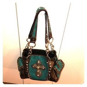 Teal cross studded purse